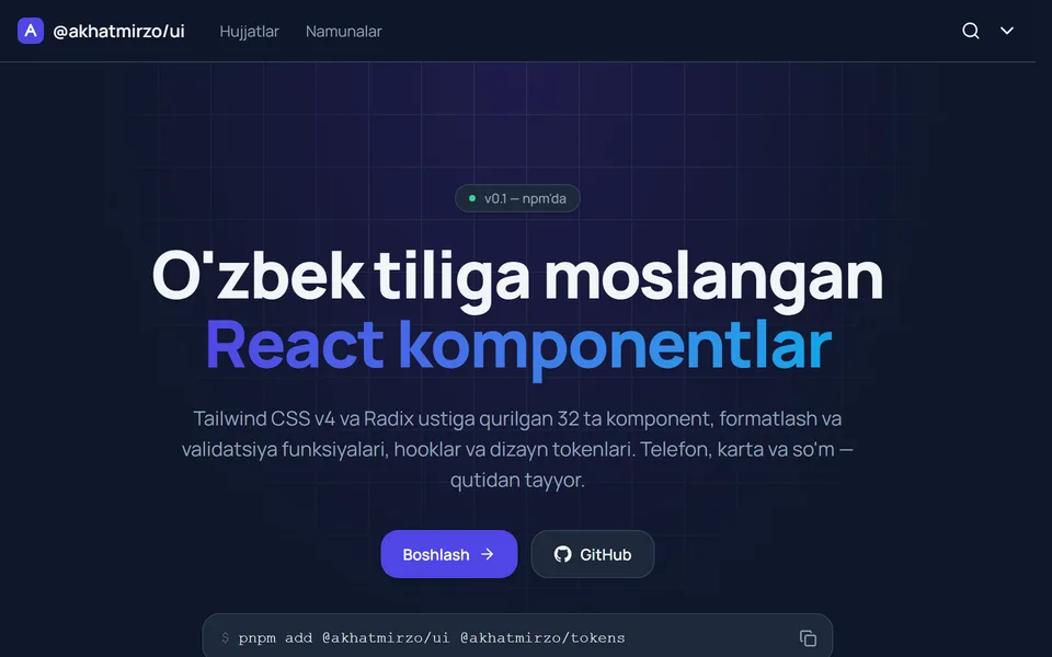 @akhatmirzo/ui docs site homepage